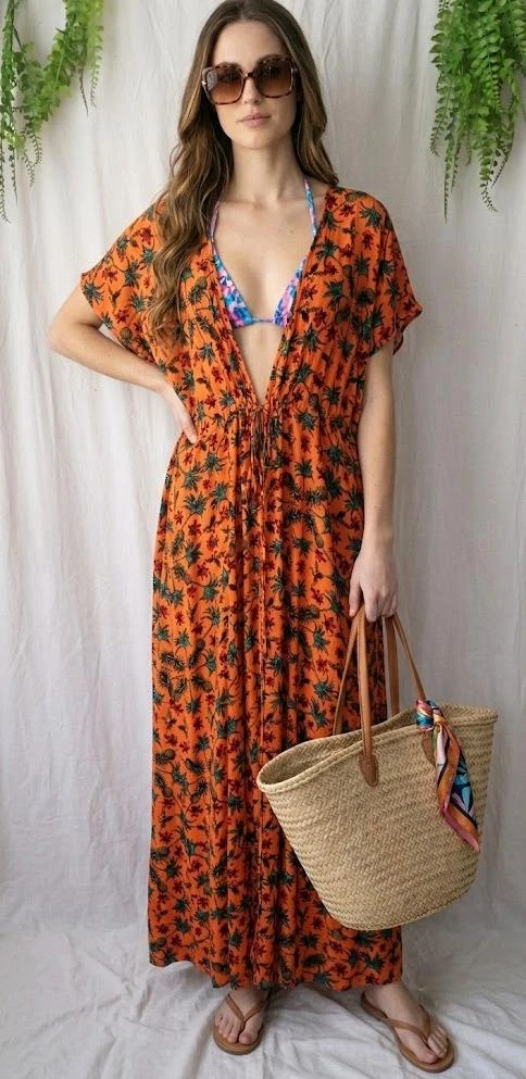 Long dress / Orange tropical print beach caftan "Kiabi" – photo 6